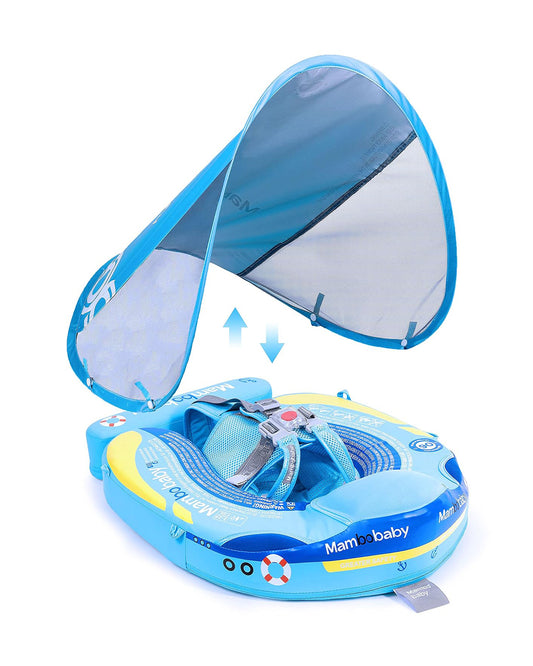 Mambobaby Chest Float Swimming Tube-Air Free Foam Design with 5 Point Safety Harness & 3 Swim Modes, UPF 50+ Detachable Flat Canopy-Upto 18 kg Baby Weight-Ship-Blue