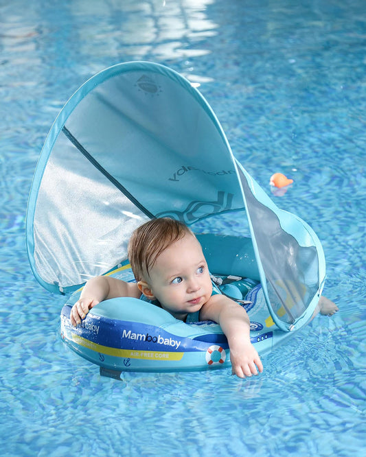 Mambobaby Chest Float Swimming Tube-Air Free Foam Design with 5 Point Safety Harness & 3 Swim Modes, UPF 50+ Detachable Flat Canopy-Upto 18 kg Baby Weight-Ship-Blue