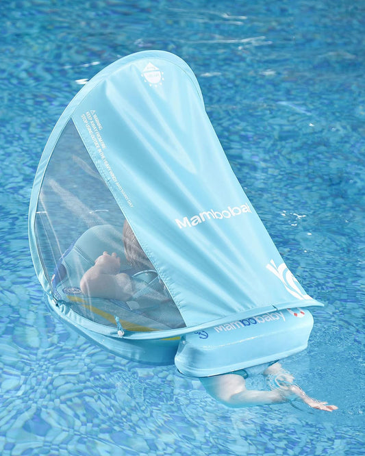 Mambobaby Chest Float Swimming Tube-Air Free Foam Design with 5 Point Safety Harness & 3 Swim Modes, UPF 50+ Detachable Flat Canopy-Upto 18 kg Baby Weight-Ship-Blue