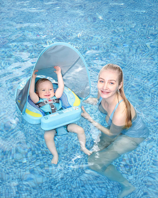 Mambobaby Chest Float Swimming Tube-Air Free Foam Design with 5 Point Safety Harness & 3 Swim Modes, UPF 50+ Detachable Flat Canopy-Upto 18 kg Baby Weight-Ship-Blue