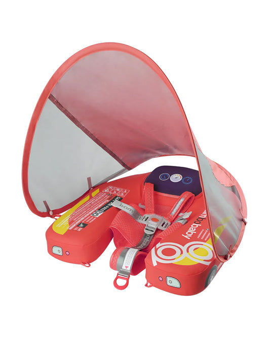 Mambobaby Chest Float Swimming Tube-Air Free Foam Design with 5 Point Safety Harness & 3 Swim Modes, UPF 50+ Detachable Flat Canopy-Upto 18 kg Baby Weight-Car-Red
