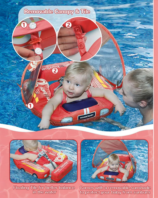 Mambobaby Chest Float Swimming Tube-Air Free Foam Design with 5 Point Safety Harness & 3 Swim Modes, UPF 50+ Detachable Flat Canopy-Upto 18 kg Baby Weight-Car-Red