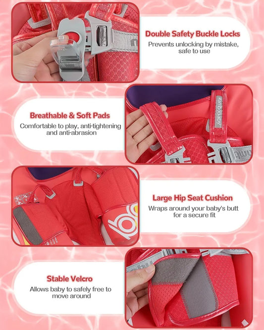 Mambobaby Chest Float Swimming Tube-Air Free Foam Design with 5 Point Safety Harness & 3 Swim Modes, UPF 50+ Detachable Flat Canopy-Upto 18 kg Baby Weight-Car-Red