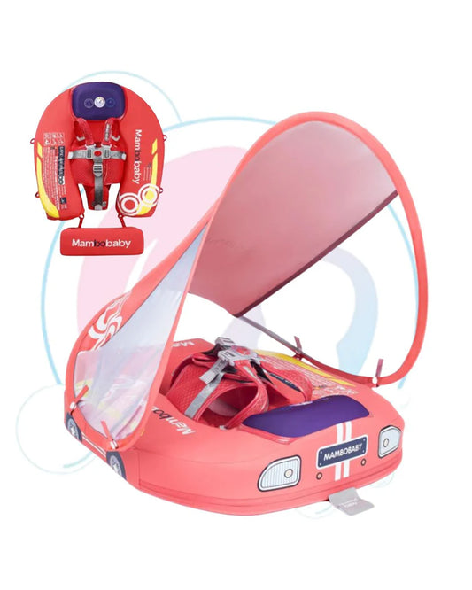Mambobaby Chest Float Swimming Tube-Air Free Foam Design with 5 Point Safety Harness & 3 Swim Modes, UPF 50+ Detachable Flat Canopy-Upto 18 kg Baby Weight-Car-Red