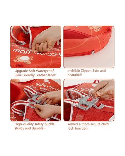 Mambobaby Chest Float Swimming Tube-Air Free Foam Design with 5 Point Safety Harness & 3 Swim Modes, UPF 50+ Detachable Flat Canopy-Upto 18 kg Baby Weight-Crab-Red