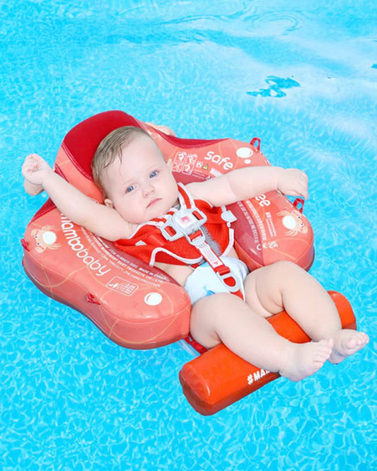 Mambobaby Chest Float Swimming Tube-Air Free Foam Design with 5 Point Safety Harness & 3 Swim Modes, UPF 50+ Detachable Flat Canopy-Upto 18 kg Baby Weight-Crab-Red