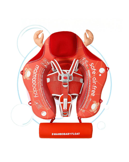 Mambobaby Chest Float Swimming Tube-Air Free Foam Design with 5 Point Safety Harness & 3 Swim Modes, UPF 50+ Detachable Flat Canopy-Upto 18 kg Baby Weight-Crab-Red