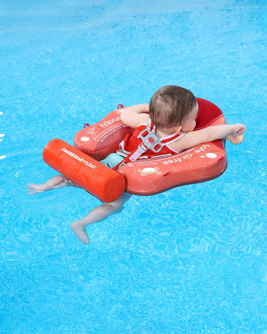 Mambobaby Chest Float Swimming Tube-Air Free Foam Design with 5 Point Safety Harness & 3 Swim Modes, UPF 50+ Detachable Flat Canopy-Upto 18 kg Baby Weight-Crab-Red