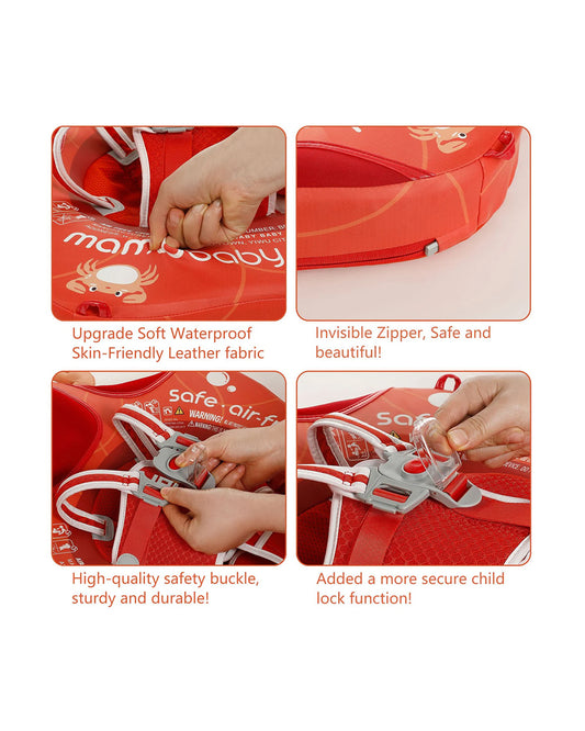 Mambobaby Chest Float Swimming Tube-Air Free Foam Design with 5 Point Safety Harness & 3 Swim Modes, UPF 50+ Detachable Flat Canopy-Upto 18 kg Baby Weight-Crab-Red