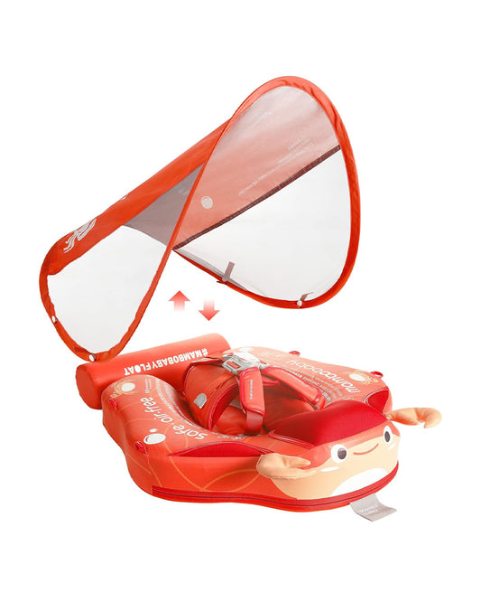 Mambobaby Chest Float Swimming Tube-Air Free Foam Design with 5 Point Safety Harness & 3 Swim Modes, UPF 50+ Detachable Flat Canopy-Upto 18 kg Baby Weight-Crab-Red