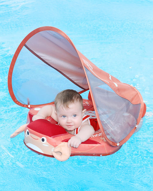 Mambobaby Chest Float Swimming Tube-Air Free Foam Design with 5 Point Safety Harness & 3 Swim Modes, UPF 50+ Detachable Flat Canopy-Upto 18 kg Baby Weight-Crab-Red