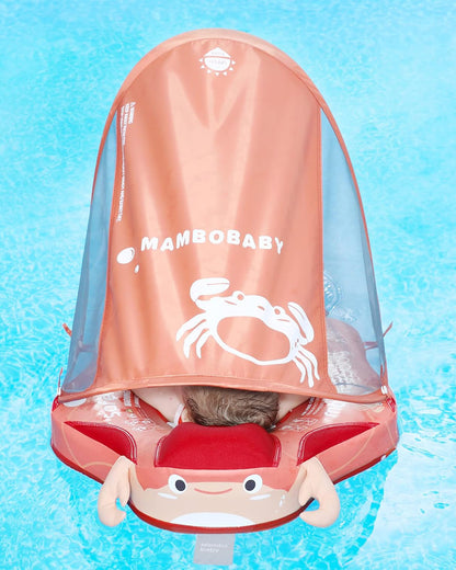 Mambobaby Chest Float Swimming Tube-Air Free Foam Design with 5 Point Safety Harness & 3 Swim Modes, UPF 50+ Detachable Flat Canopy-Upto 18 kg Baby Weight-Crab-Red