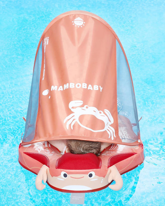 Mambobaby Chest Float Swimming Tube-Air Free Foam Design with 5 Point Safety Harness & 3 Swim Modes, UPF 50+ Detachable Flat Canopy-Upto 18 kg Baby Weight-Crab-Red