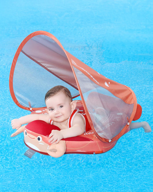 Mambobaby Chest Float Swimming Tube-Air Free Foam Design with 5 Point Safety Harness & 3 Swim Modes, UPF 50+ Detachable Flat Canopy-Upto 18 kg Baby Weight-Crab-Red