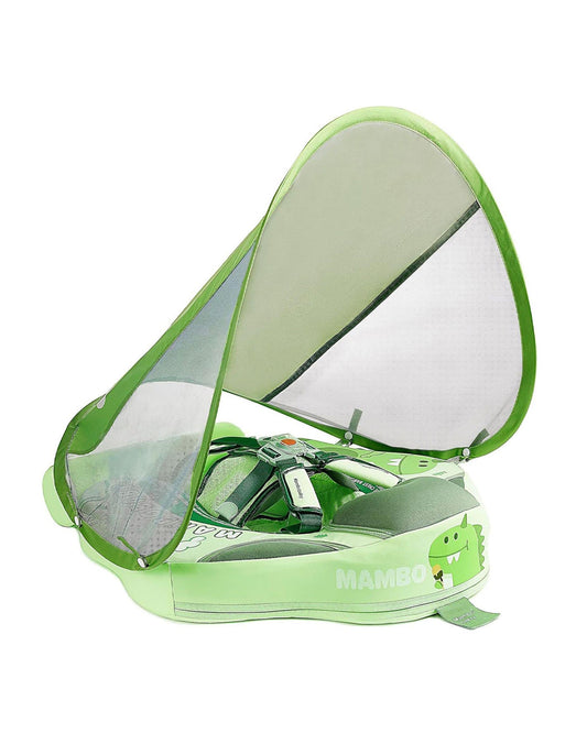 Mambobaby Chest Float Swimming Tube-Air Free Foam Design with 5 Point Safety Harness & 3 Swim Modes, UPF 50+ Detachable Flat Canopy-Upto 18 kg Baby Weight-Dino-Green