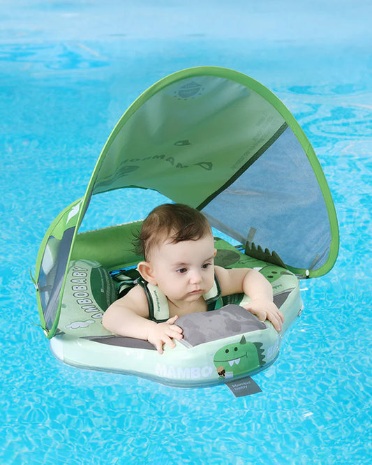 Mambobaby Chest Float Swimming Tube-Air Free Foam Design with 5 Point Safety Harness & 3 Swim Modes, UPF 50+ Detachable Flat Canopy-Upto 18 kg Baby Weight-Dino-Green
