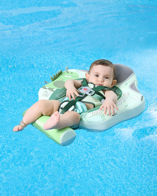 Mambobaby Chest Float Swimming Tube-Air Free Foam Design with 5 Point Safety Harness & 3 Swim Modes, UPF 50+ Detachable Flat Canopy-Upto 18 kg Baby Weight-Dino-Green