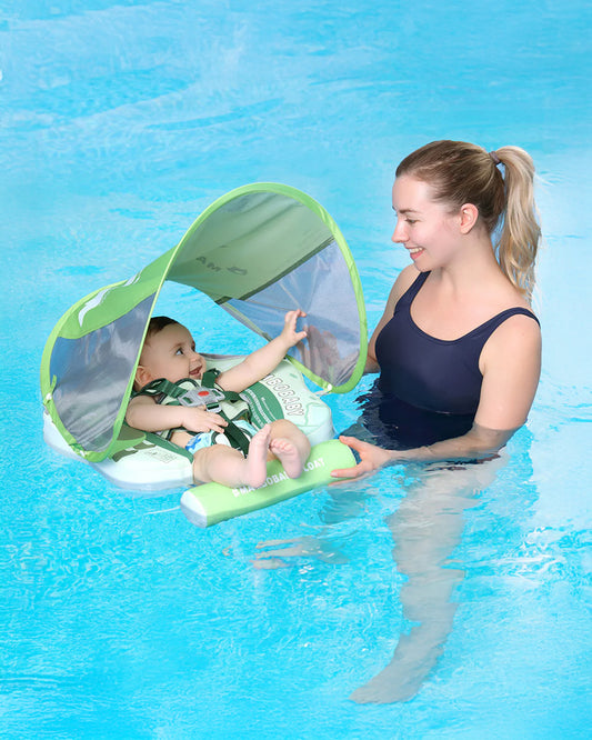 Mambobaby Chest Float Swimming Tube-Air Free Foam Design with 5 Point Safety Harness & 3 Swim Modes, UPF 50+ Detachable Flat Canopy-Upto 18 kg Baby Weight-Dino-Green