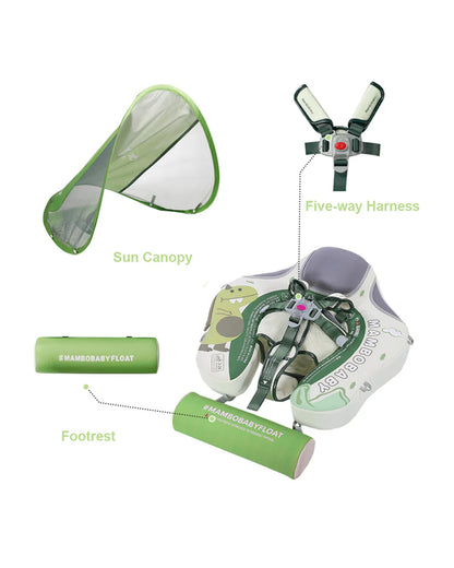 Mambobaby Chest Float Swimming Tube-Air Free Foam Design with 5 Point Safety Harness & 3 Swim Modes, UPF 50+ Detachable Flat Canopy-Upto 18 kg Baby Weight-Dino-Green