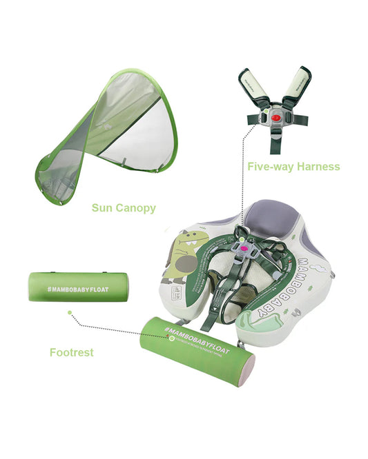 Mambobaby Chest Float Swimming Tube-Air Free Foam Design with 5 Point Safety Harness & 3 Swim Modes, UPF 50+ Detachable Flat Canopy-Upto 18 kg Baby Weight-Dino-Green
