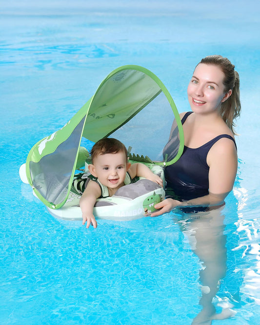 Mambobaby Chest Float Swimming Tube-Air Free Foam Design with 5 Point Safety Harness & 3 Swim Modes, UPF 50+ Detachable Flat Canopy-Upto 18 kg Baby Weight-Dino-Green