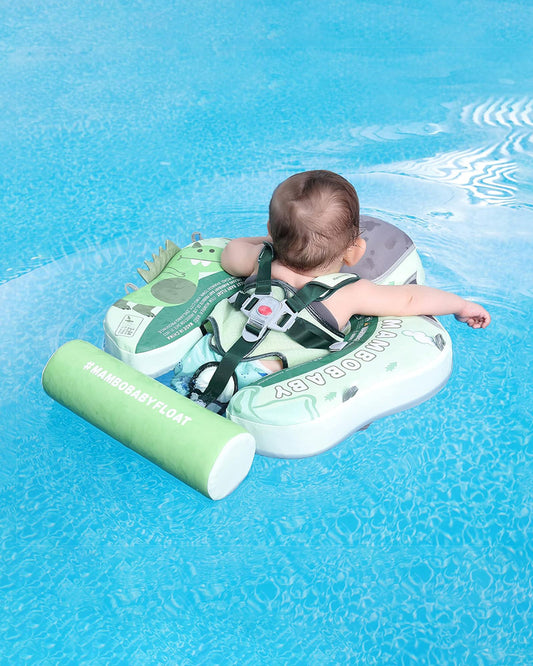 Mambobaby Chest Float Swimming Tube-Air Free Foam Design with 5 Point Safety Harness & 3 Swim Modes, UPF 50+ Detachable Flat Canopy-Upto 18 kg Baby Weight-Dino-Green