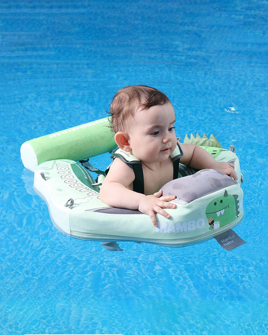 Mambobaby Chest Float Swimming Tube-Air Free Foam Design with 5 Point Safety Harness & 3 Swim Modes, UPF 50+ Detachable Flat Canopy-Upto 18 kg Baby Weight-Dino-Green