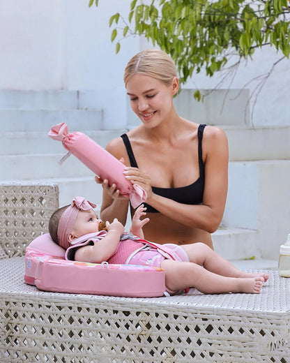 Mambobaby Chest Float Swimming Tube-Air Free Foam Design with 5 Point Safety Harness & 3 Swim Modes, UPF 50+ Detachable Flat Canopy-Candies-Pink