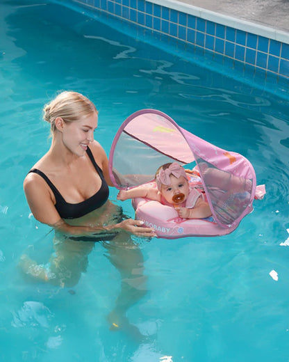 Mambobaby Chest Float Swimming Tube-Air Free Foam Design with 5 Point Safety Harness & 3 Swim Modes, UPF 50+ Detachable Flat Canopy-Candies-Pink