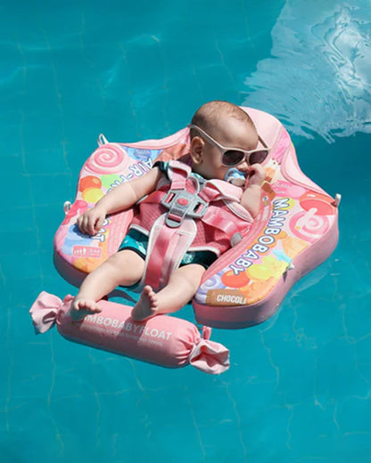 Mambobaby Chest Float Swimming Tube-Air Free Foam Design with 5 Point Safety Harness & 3 Swim Modes, UPF 50+ Detachable Flat Canopy-Candies-Pink