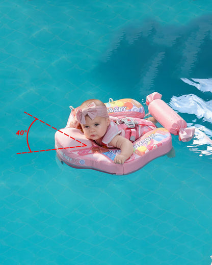 Mambobaby Chest Float Swimming Tube-Air Free Foam Design with 5 Point Safety Harness & 3 Swim Modes, UPF 50+ Detachable Flat Canopy-Candies-Pink