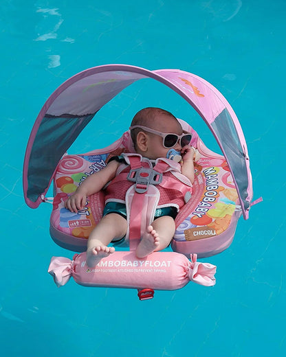 Mambobaby Chest Float Swimming Tube-Air Free Foam Design with 5 Point Safety Harness & 3 Swim Modes, UPF 50+ Detachable Flat Canopy-Candies-Pink