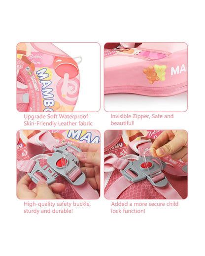 Mambobaby Chest Float Swimming Tube-Air Free Foam Design with 5 Point Safety Harness & 3 Swim Modes, UPF 50+ Detachable Flat Canopy-Candies-Pink