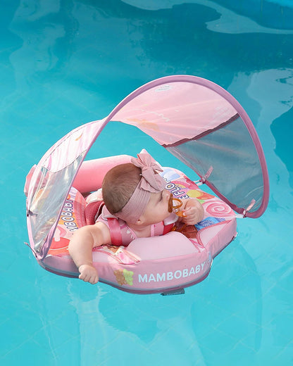 Mambobaby Chest Float Swimming Tube-Air Free Foam Design with 5 Point Safety Harness & 3 Swim Modes, UPF 50+ Detachable Flat Canopy-Candies-Pink