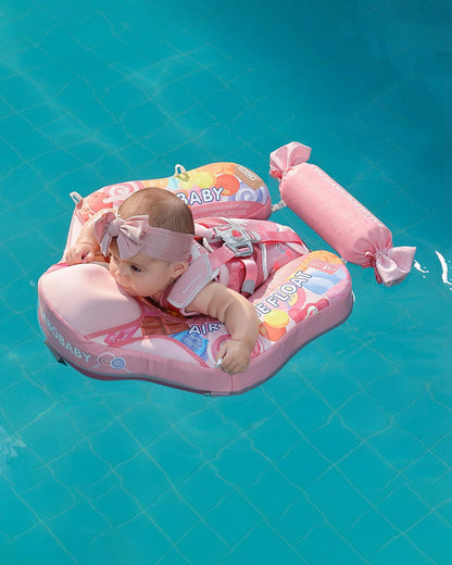 Mambobaby Chest Float Swimming Tube-Air Free Foam Design with 5 Point Safety Harness & 3 Swim Modes, UPF 50+ Detachable Flat Canopy-Candies-Pink
