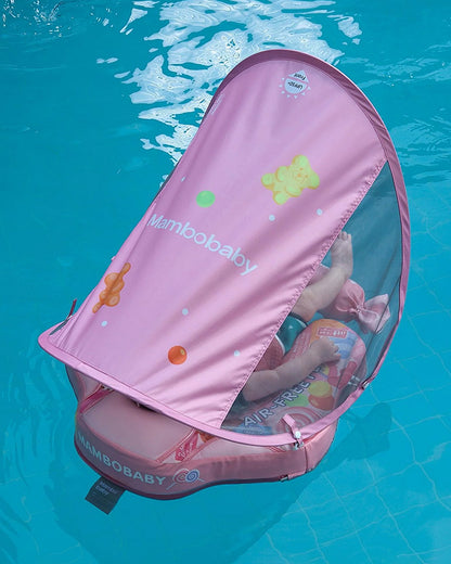Mambobaby Chest Float Swimming Tube-Air Free Foam Design with 5 Point Safety Harness & 3 Swim Modes, UPF 50+ Detachable Flat Canopy-Candies-Pink