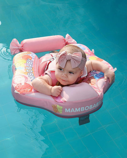 Mambobaby Chest Float Swimming Tube-Air Free Foam Design with 5 Point Safety Harness & 3 Swim Modes, UPF 50+ Detachable Flat Canopy-Candies-Pink