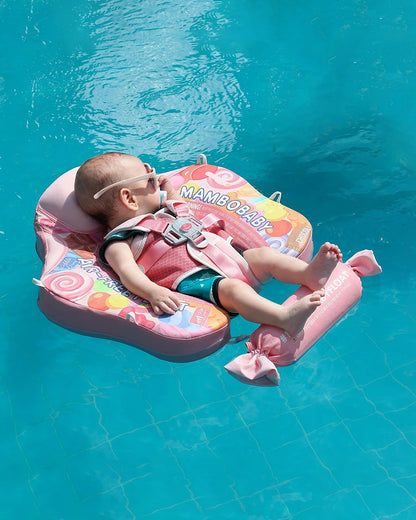 Mambobaby Chest Float Swimming Tube-Air Free Foam Design with 5 Point Safety Harness & 3 Swim Modes, UPF 50+ Detachable Flat Canopy-Candies-Pink