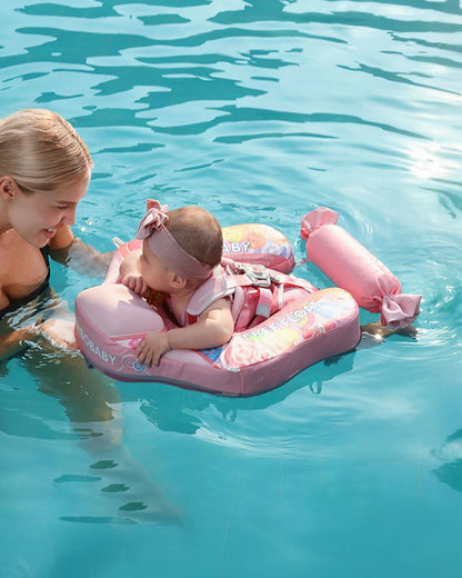 Mambobaby Chest Float Swimming Tube-Air Free Foam Design with 5 Point Safety Harness & 3 Swim Modes, UPF 50+ Detachable Flat Canopy-Candies-Pink
