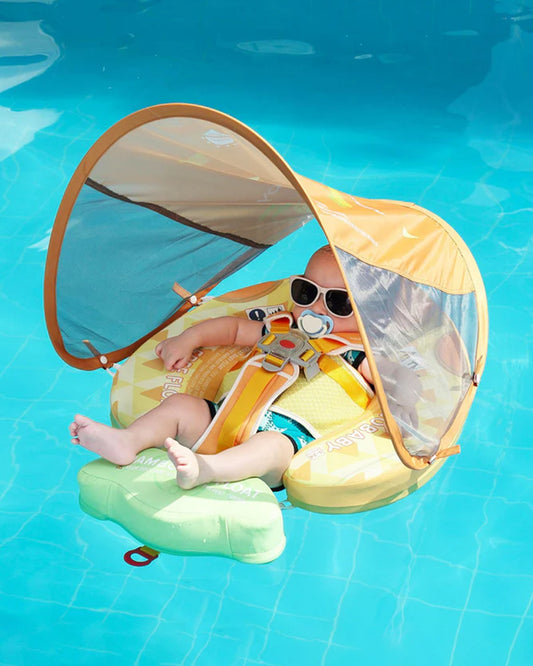 Mambobaby Chest Float Swimming Tube-Air Free Foam Design with 5 Point Safety Harness & 3 Swim Modes, UPF 50+ Detachable Flat Canopy-Pineapple-Yellow
