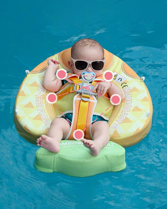 Mambobaby Chest Float Swimming Tube-Air Free Foam Design with 5 Point Safety Harness & 3 Swim Modes, UPF 50+ Detachable Flat Canopy-Pineapple-Yellow