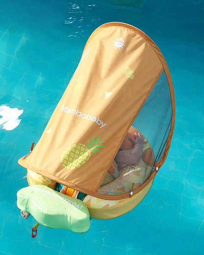 Mambobaby Chest Float Swimming Tube-Air Free Foam Design with 5 Point Safety Harness & 3 Swim Modes, UPF 50+ Detachable Flat Canopy-Upto 18 kg Baby Weight-Pineapple-Yellow