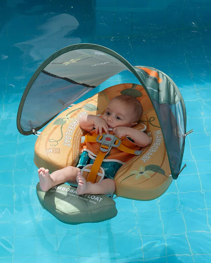 Mambobaby Chest Float Swimming Tube-Air Free Foam Design with 5 Point Safety Harness & 3 Swim Modes, UPF 50+ Detachable Flat Canopy-Upto 18 kg Baby Weight-Pumpkin-Yellow