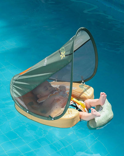 Mambobaby Chest Float Swimming Tube-Air Free Foam Design with 5 Point Safety Harness & 3 Swim Modes, UPF 50+ Detachable Flat Canopy-Upto 18 kg Baby Weight-Pumpkin-Yellow