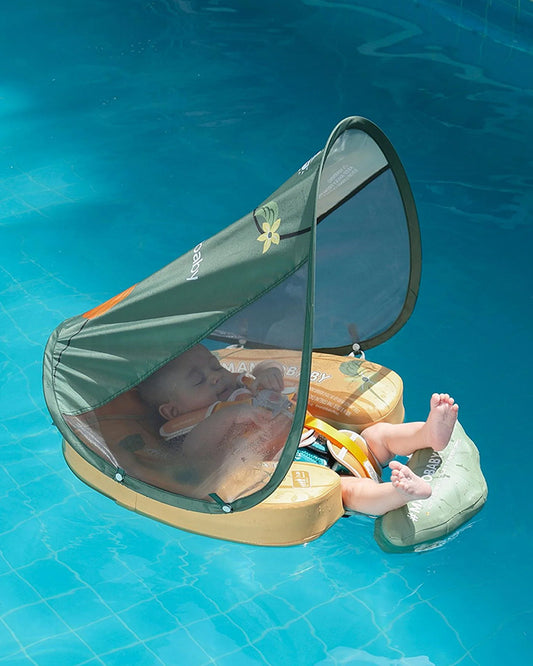 Mambobaby Chest Float Swimming Tube-Air Free Foam Design with 5 Point Safety Harness & 3 Swim Modes, UPF 50+ Detachable Flat Canopy-Upto 18 kg Baby Weight-Pumpkin-Yellow