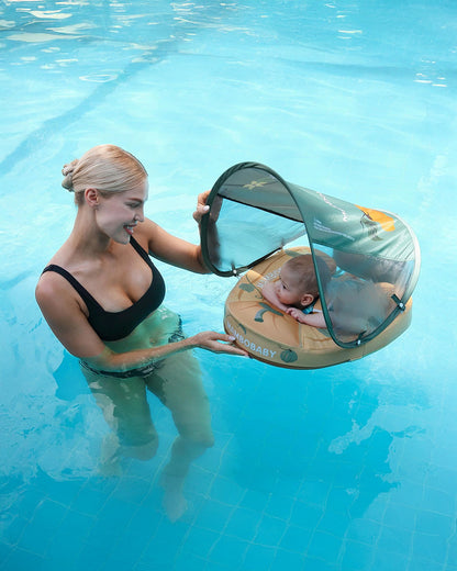 Mambobaby Chest Float Swimming Tube-Air Free Foam Design with 5 Point Safety Harness & 3 Swim Modes, UPF 50+ Detachable Flat Canopy-Upto 18 kg Baby Weight-Pumpkin-Yellow