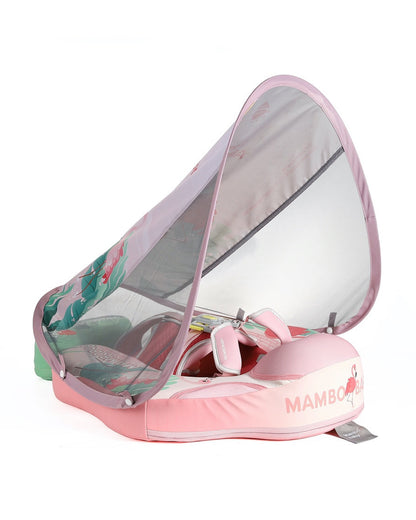 Mambobaby Chest Float Swimming Tube-Air Free Foam Design with 5 Point Safety Harness & 3 Swim Modes, UPF 50+ Detachable Flat Canopy-Upto 18 kg Baby Weight-Flamingo Joy-Pink