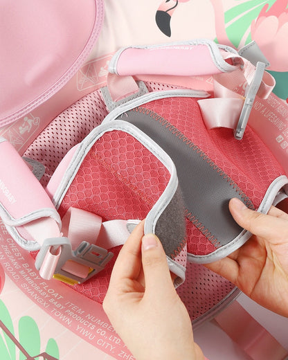 Mambobaby Chest Float Swimming Tube-Air Free Foam Design with 5 Point Safety Harness & 3 Swim Modes, UPF 50+ Detachable Flat Canopy-Upto 18 kg Baby Weight-Flamingo Joy-Pink