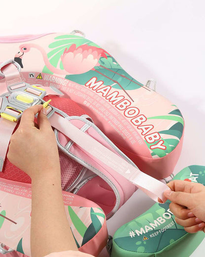 Mambobaby Chest Float Swimming Tube-Air Free Foam Design with 5 Point Safety Harness & 3 Swim Modes, UPF 50+ Detachable Flat Canopy-Upto 18 kg Baby Weight-Flamingo Joy-Pink