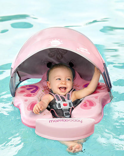 Mambobaby Chest Float Swimming Tube-Air Free Foam Design with 5 Point Safety Harness & 3 Swim Modes, UPF 50+ Detachable 3D Canopy-Upto 18 kg Baby Weight-Butterfly-Pink